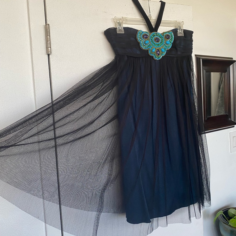 Andrew GN | Cocktail Empire Cut/Strapless Dress; Turquoise & Lapis Stones; Small - Picture 2 of 16